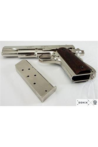 Colt 1911, nikkel, glat trægreb
